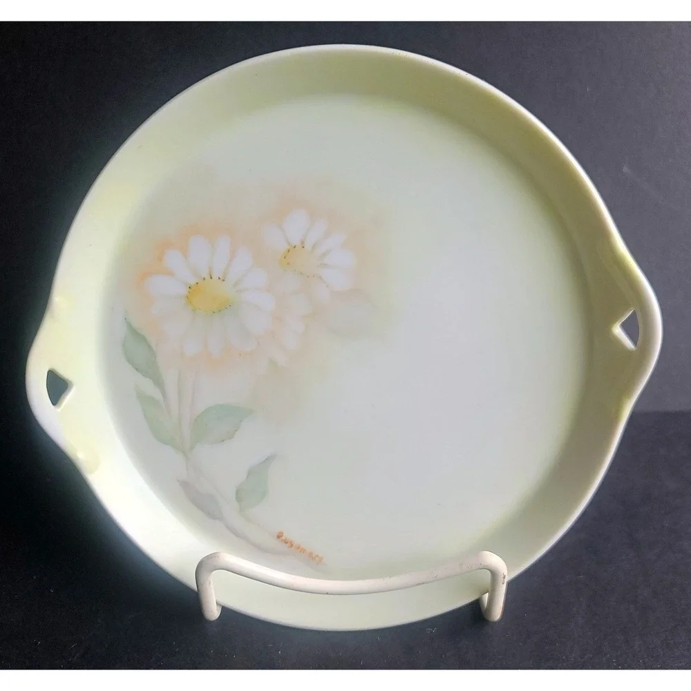 Vintage R.S. Geramny Hand Painted Daisys Plate Heart Cutout Handles Signed